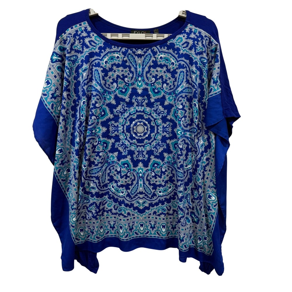 FYLO Womens Blue Paisley Mandala Dolman Sleeve Poncho Top Small S P Mixed Media